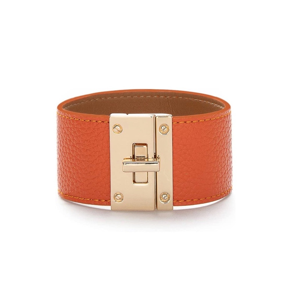 Orange Leather Gold Lock Cuff | Designer Luxury Cuff | Gold Hardware